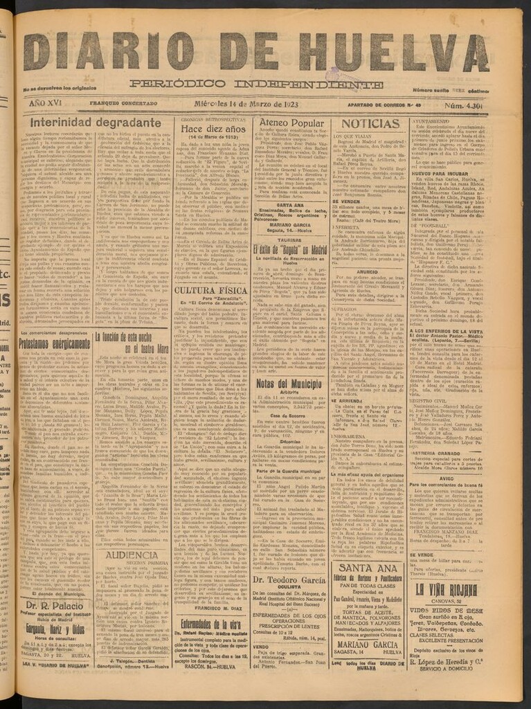 Miniatura de Diario de Huelva : periódico independiente del 14 de marzo de 1923