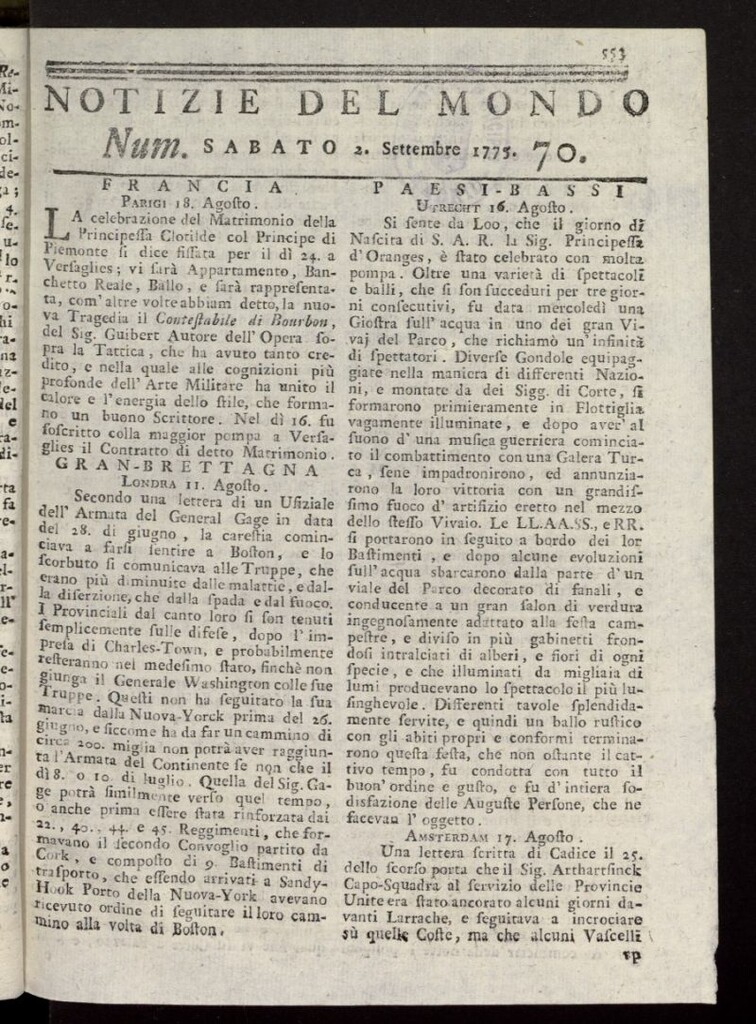 Miniatura de Notizie del Mondo del 2 de septiembre de 1775, nº 70