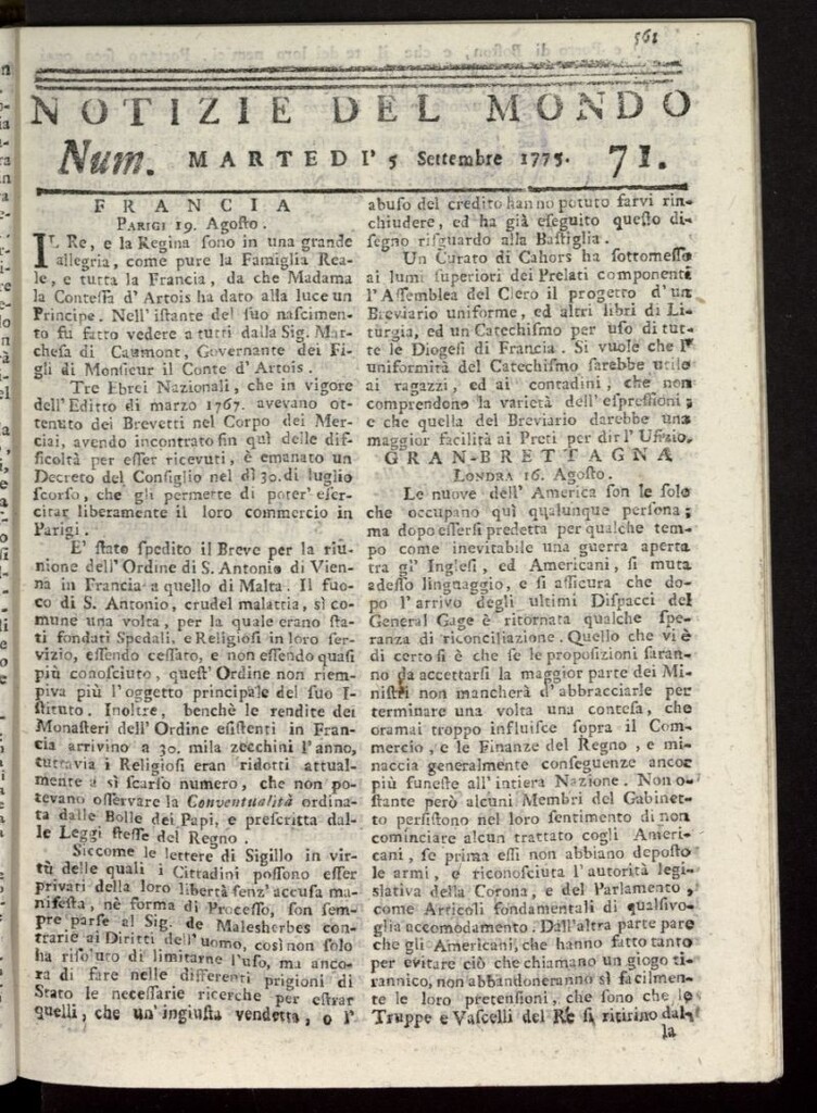Miniatura de Notizie del Mondo del 5 de septiembre de 1775, nº 71