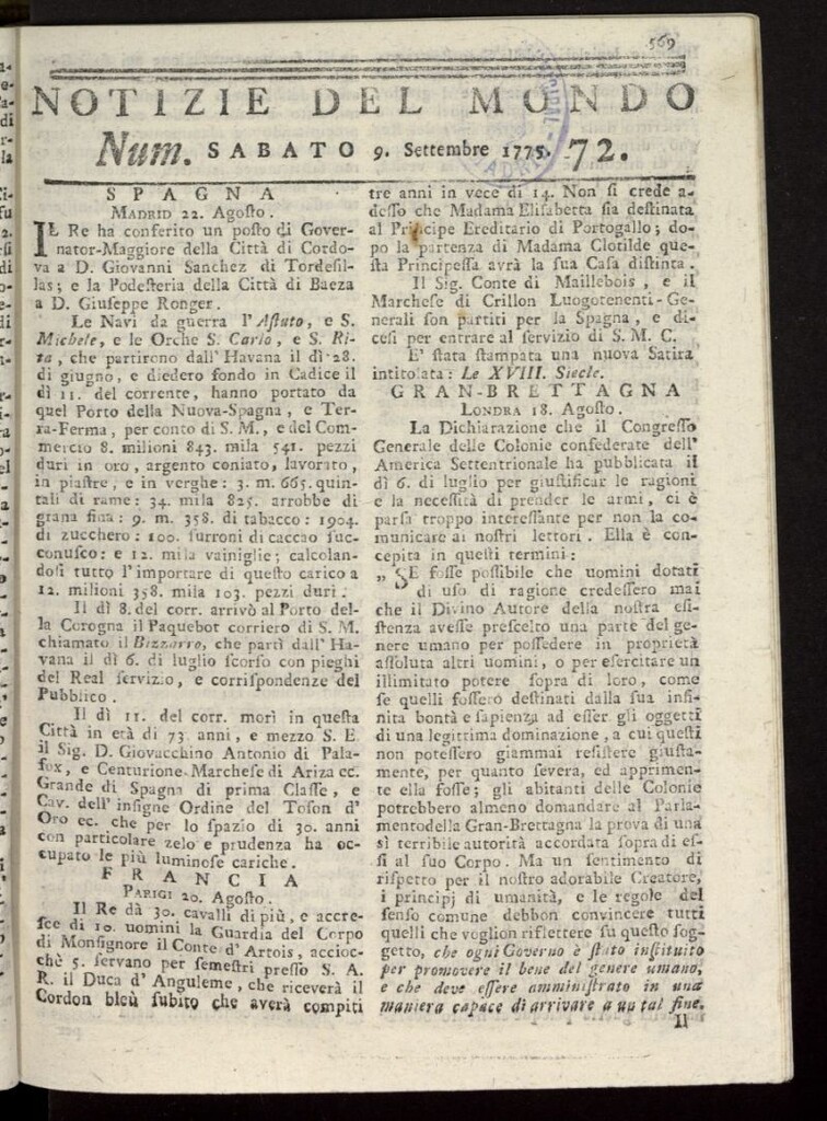 Miniatura de Notizie del Mondo del 9 de septiembre de 1775, nº 72
