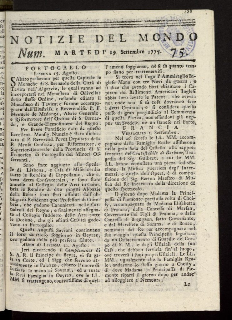Miniatura de Notizie del Mondo del 19 de septiembre de 1775, nº 75