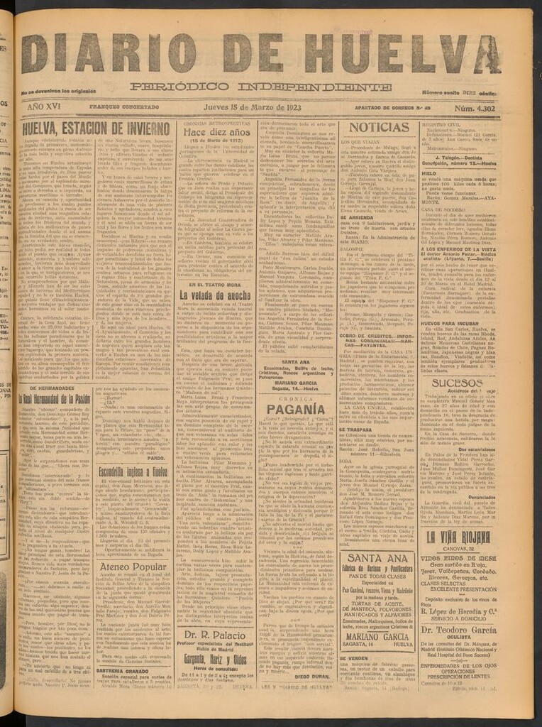 Miniatura de Diario de Huelva : periódico independiente del 15 de marzo de 1923
