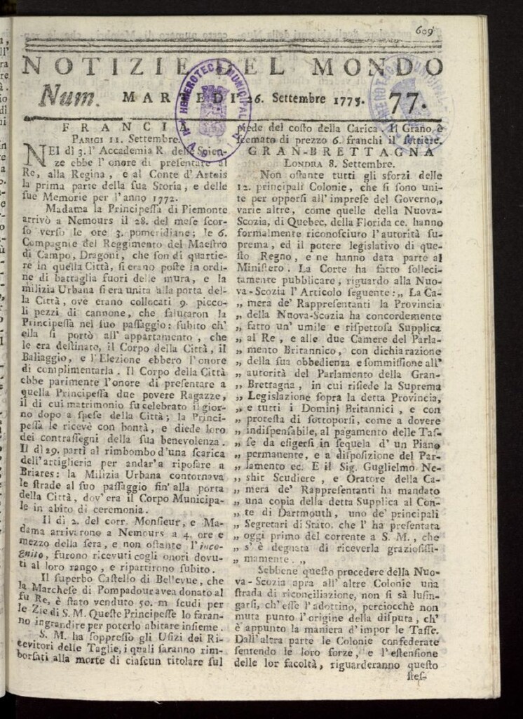Miniatura de Notizie del Mondo del 26 de septiembre de 1775, nº 77
