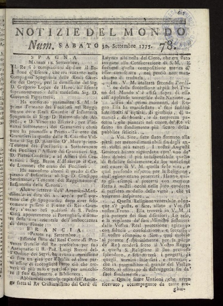 Miniatura de Notizie del Mondo del 30 de septiembre de 1775, nº 78