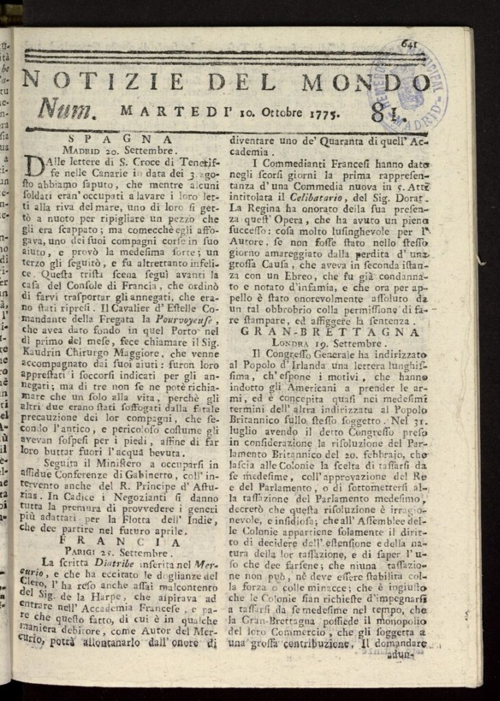 Miniatura de Notizie del Mondo del 10 de octubre de 1775, nº 81