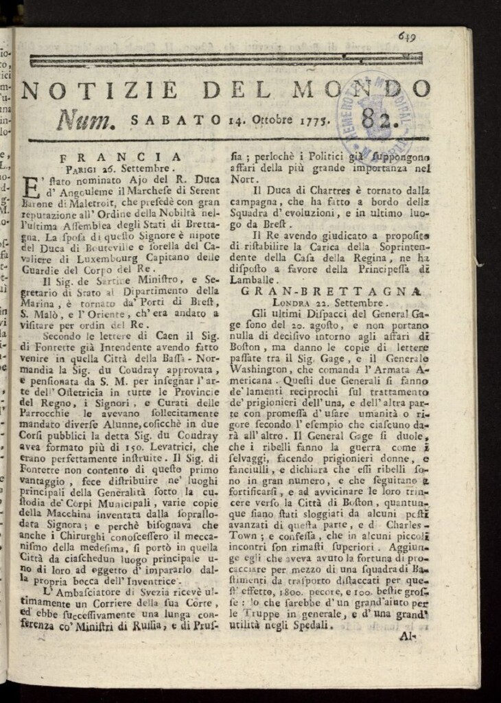 Miniatura de Notizie del Mondo del 14 de octubre de 1775, nº 82