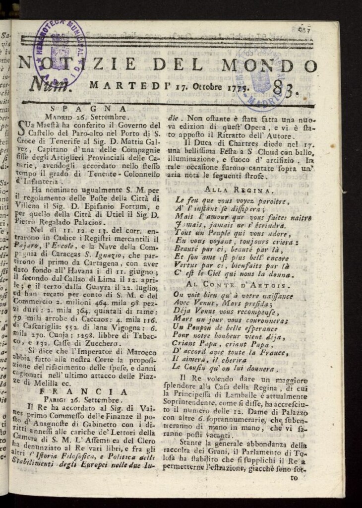 Miniatura de Notizie del Mondo del 17 de octubre de 1775, nº 83