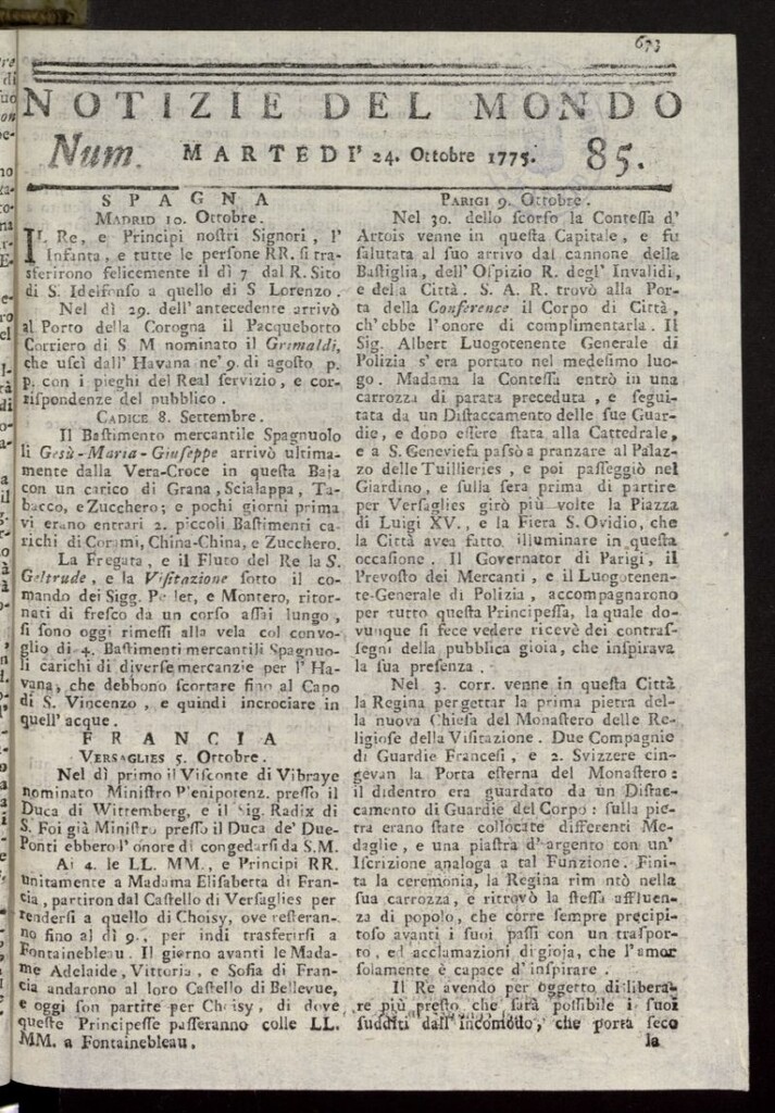 Miniatura de Notizie del Mondo del 24 de octubre de 1775, nº 85