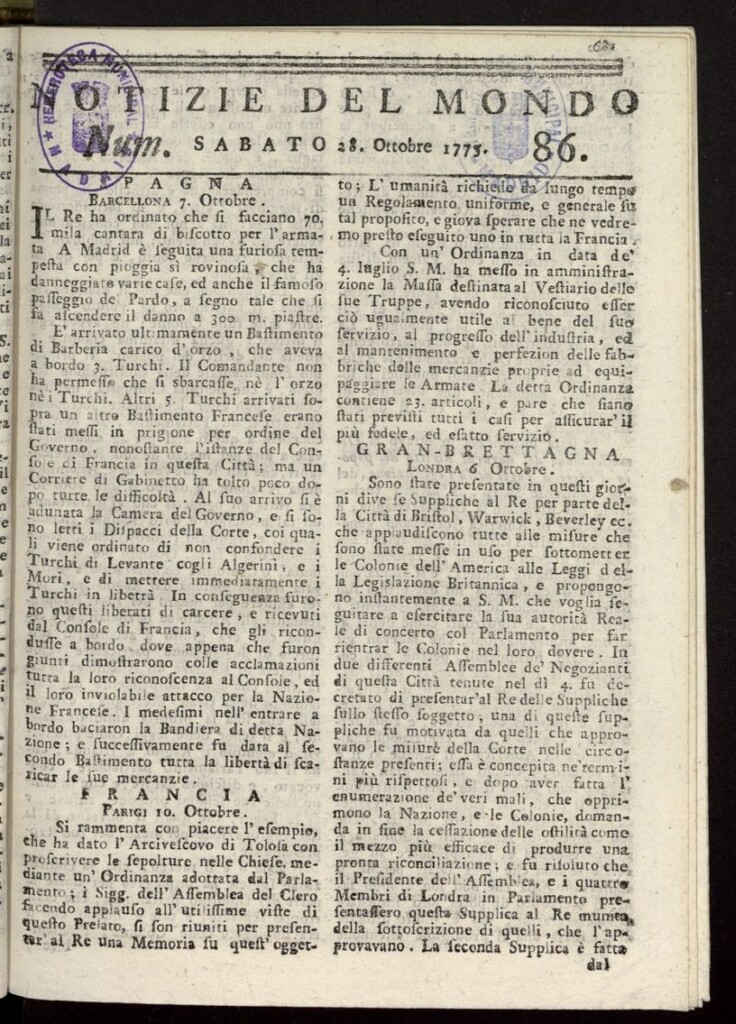 Miniatura de Notizie del Mondo del 28 de octubre de 1775, nº 86