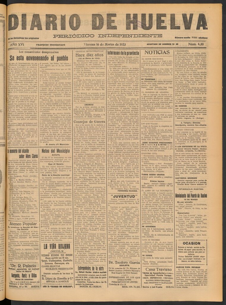 Miniatura de Diario de Huelva : periódico independiente del 16 de marzo de 1923