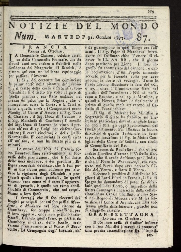 Miniatura de Notizie del Mondo del 31 de octubre de 1775, nº 87