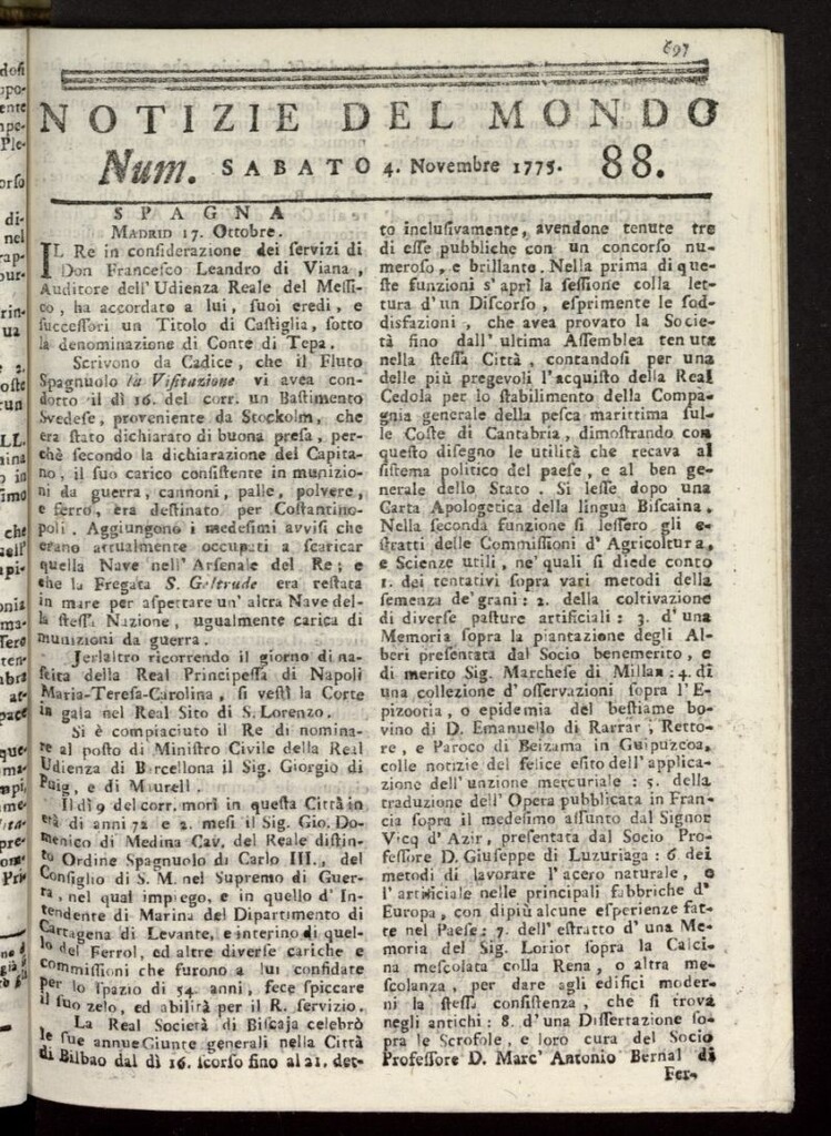 Miniatura de Notizie del Mondo del 4 de noviembre de 1775, nº 88