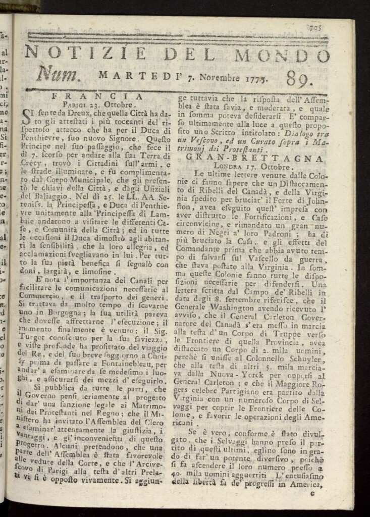 Miniatura de Notizie del Mondo del 7 de noviembre de 1775, nº 89
