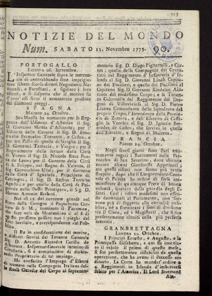 Miniatura de Notizie del Mondo del 11 de noviembre de 1775, nº 90