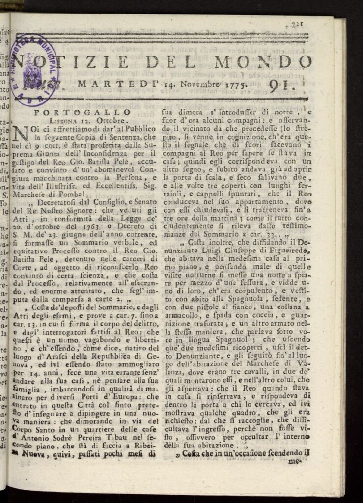 Miniatura de Notizie del Mondo del 14 de noviembre de 1775, nº 91