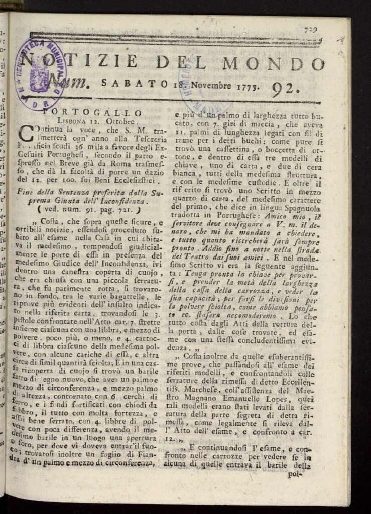 Miniatura de Notizie del Mondo del 18 de noviembre de 1775, nº 92