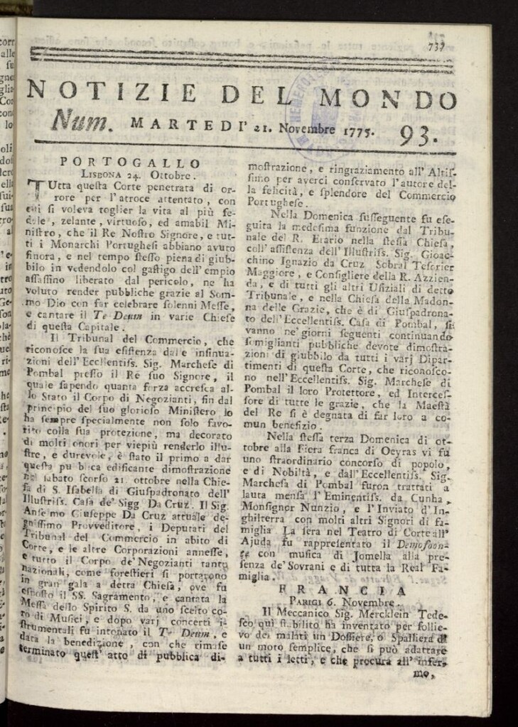 Miniatura de Notizie del Mondo del 21 de noviembre de 1775, nº 93