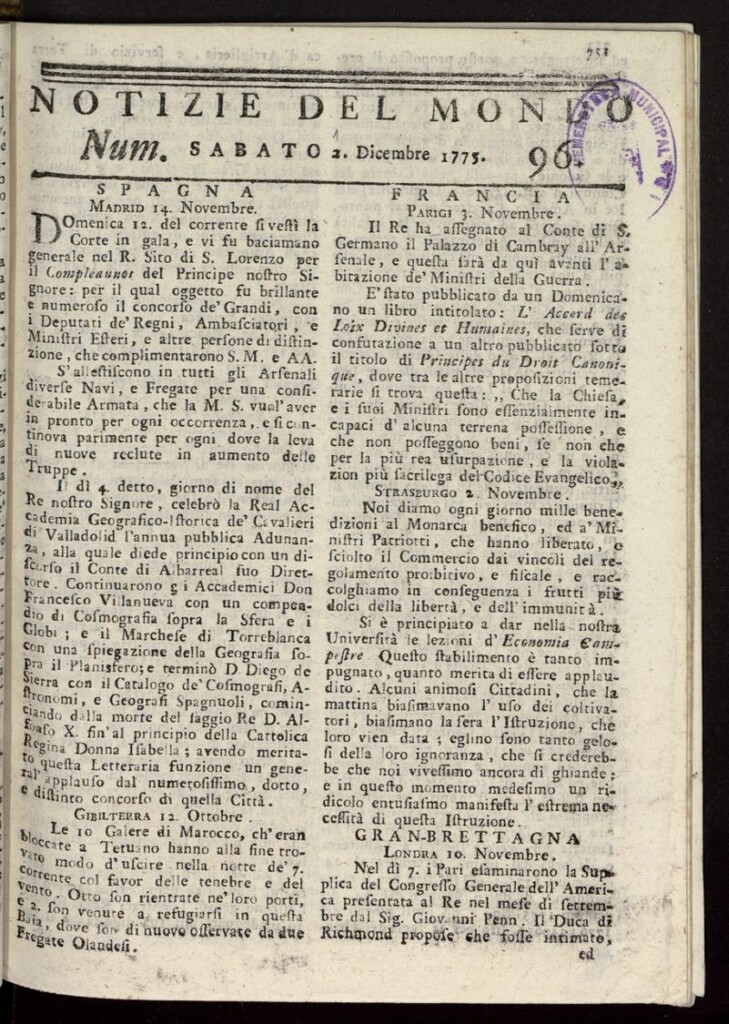Miniatura de Notizie del Mondo del 2 de diciembre de 1775, nº 96