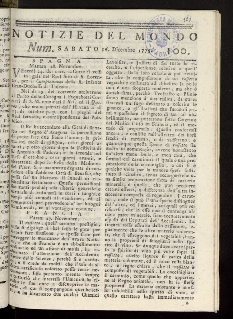 Miniatura de Notizie del Mondo del 16 de diciembre de 1775, nº 100