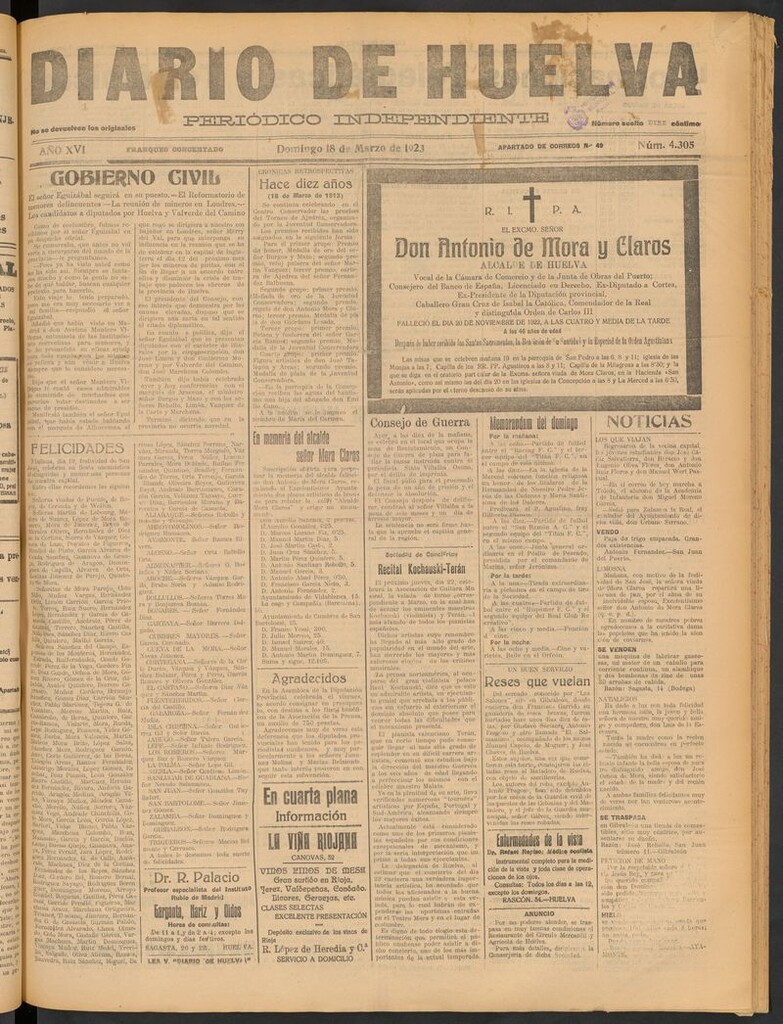 Miniatura de Diario de Huelva : periódico independiente del 18 de marzo de 1923