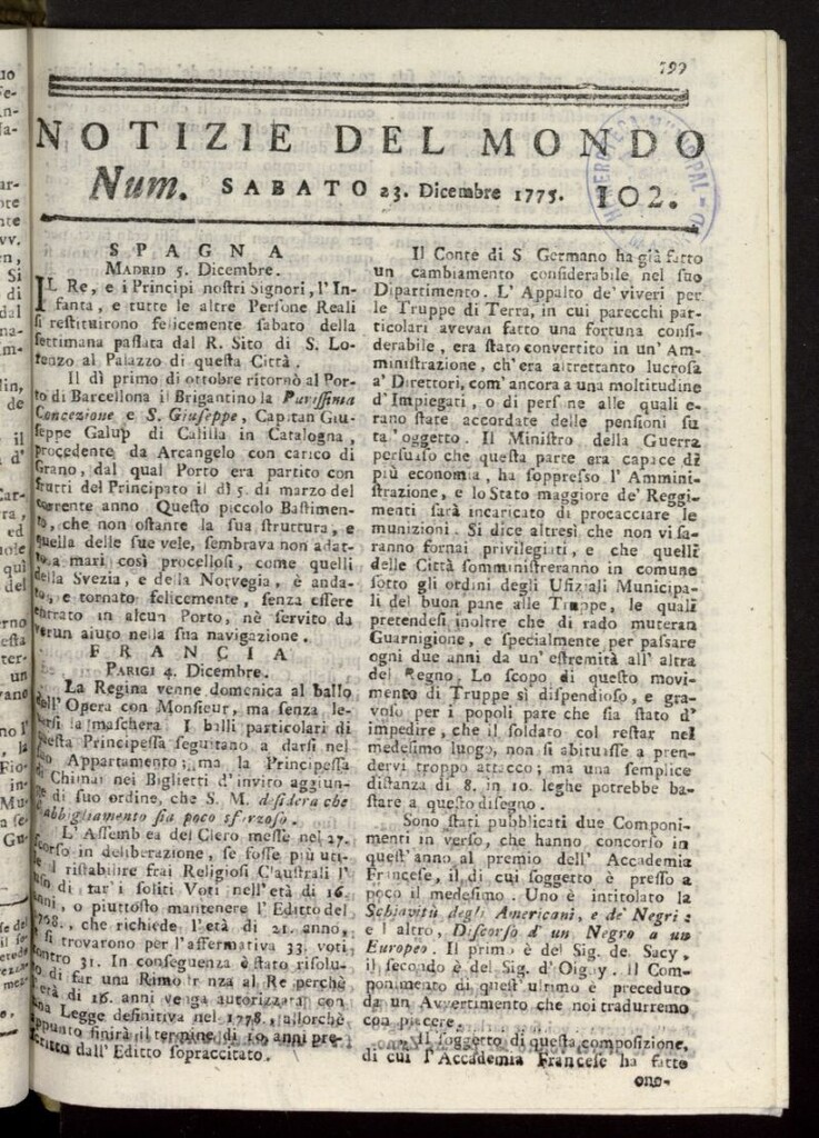 Miniatura de Notizie del Mondo del 23 de diciembre de 1775, nº 102