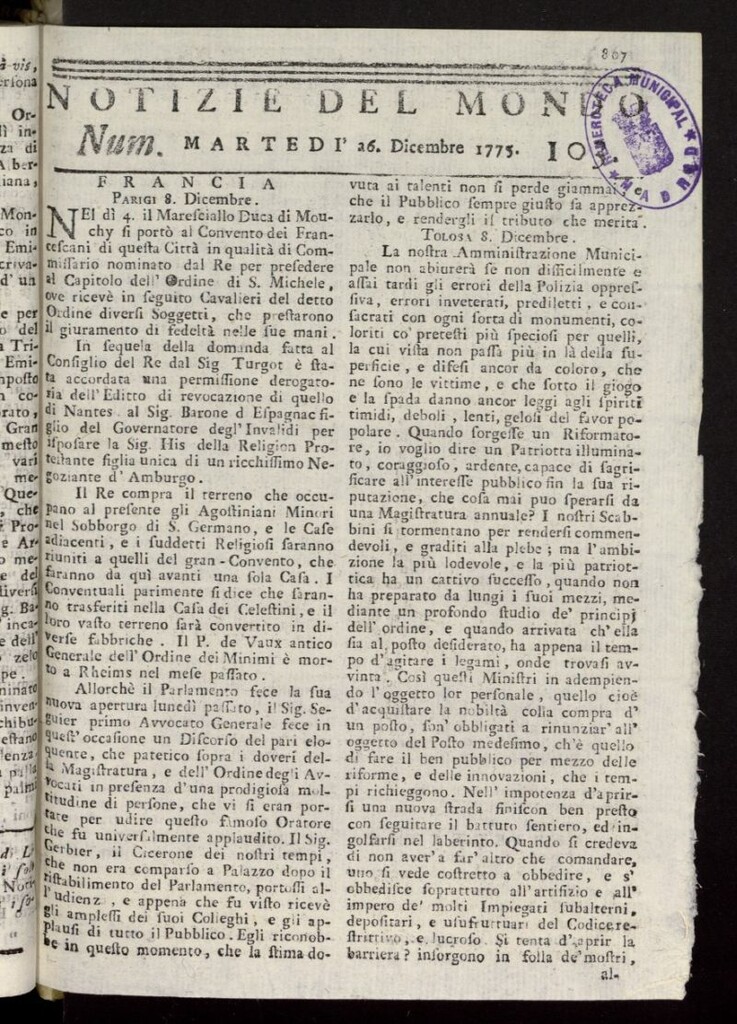 Miniatura de Notizie del Mondo del 26 de diciembe de 1775, nº 103