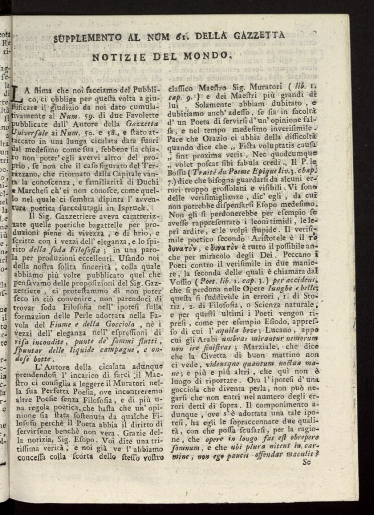 Miniatura de Notizie del Mondo del 2 de agosto de 1775, suplemento al nº 61