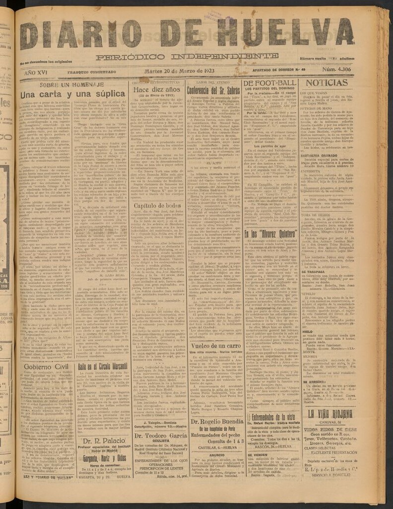 Miniatura de Diario de Huelva : periódico independiente del 20 de marzo de 1923