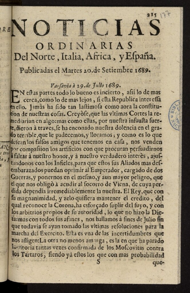 Miniatura de Noticias ordinarias del Norte, Italia, y España del 20 de septiembre de 1689