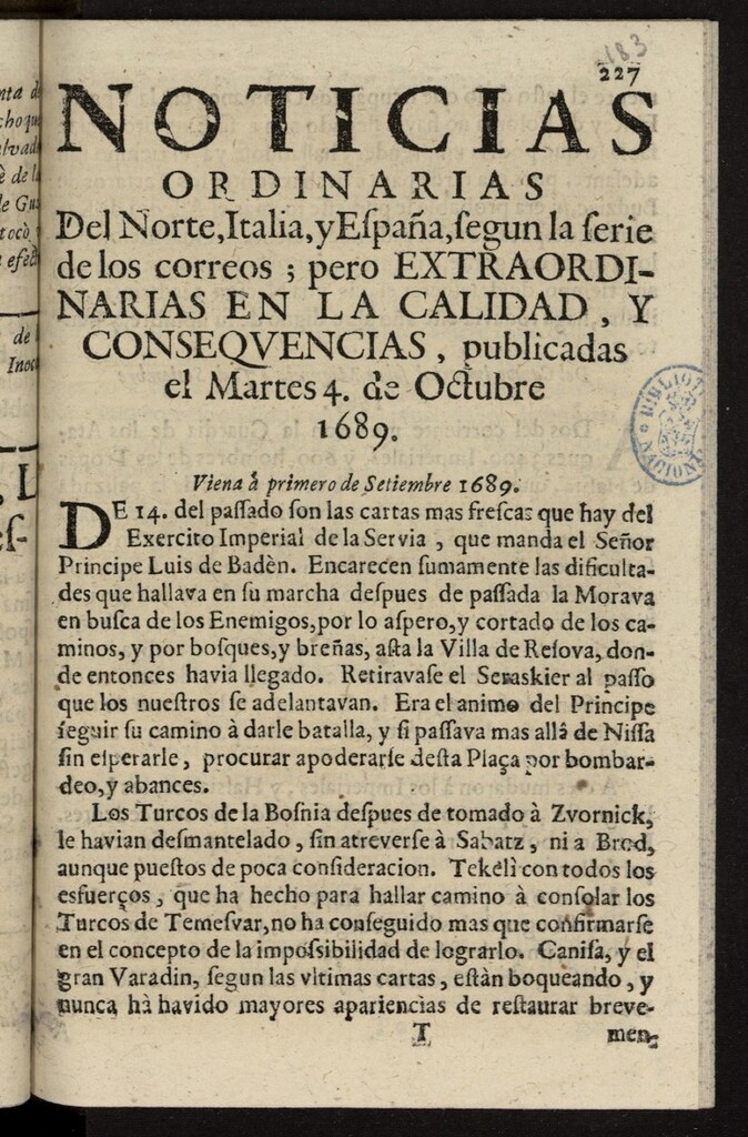 Miniatura de Noticias ordinarias del Norte, Italia, y España del 4 de octubre de 1689