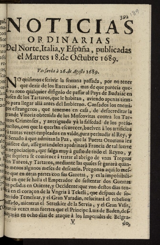 Miniatura de Noticias ordinarias del Norte, Italia, y España del 18 de octubre de 1689