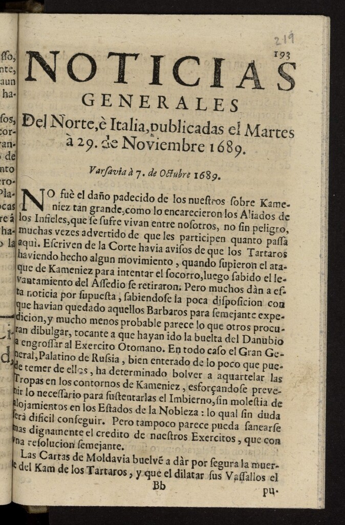 Miniatura de Noticias ordinarias del Norte, Italia, y España del 29 de noviembre de 1689