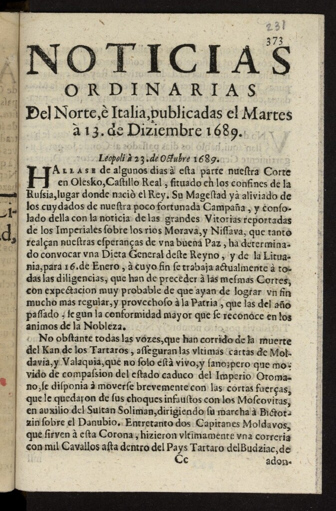 Miniatura de Noticias ordinarias del Norte, Italia, y España del 13 de diciembre de 1689