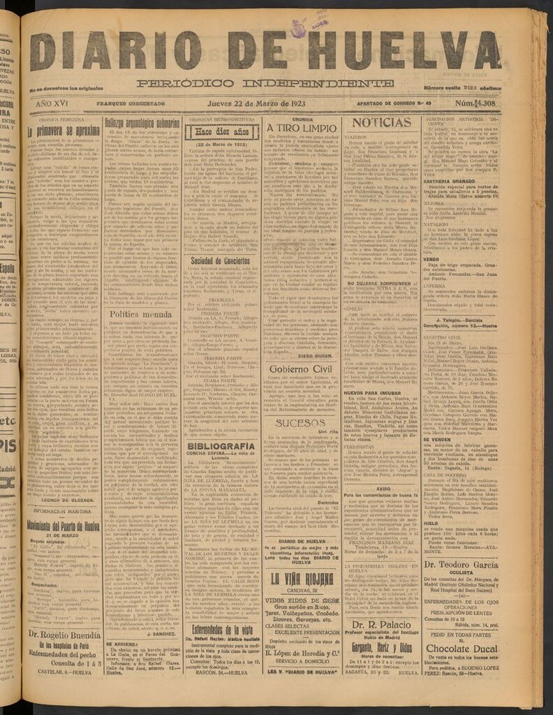 Miniatura de Diario de Huelva : periódico independiente del 22 de marzo de 1923