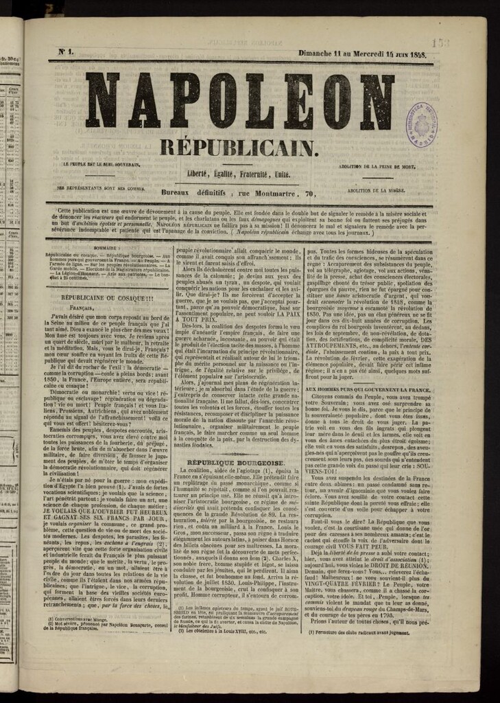 Miniatura de Napoleon Républicain del 11 al 14 de junio de 1848, nº 1