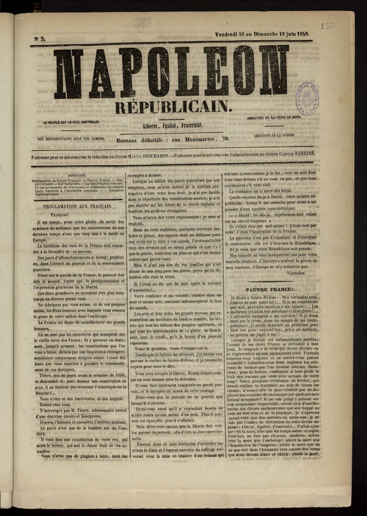 Miniatura de Napoleon Républicain del 16 al 18 de junio de 1848, nº 3