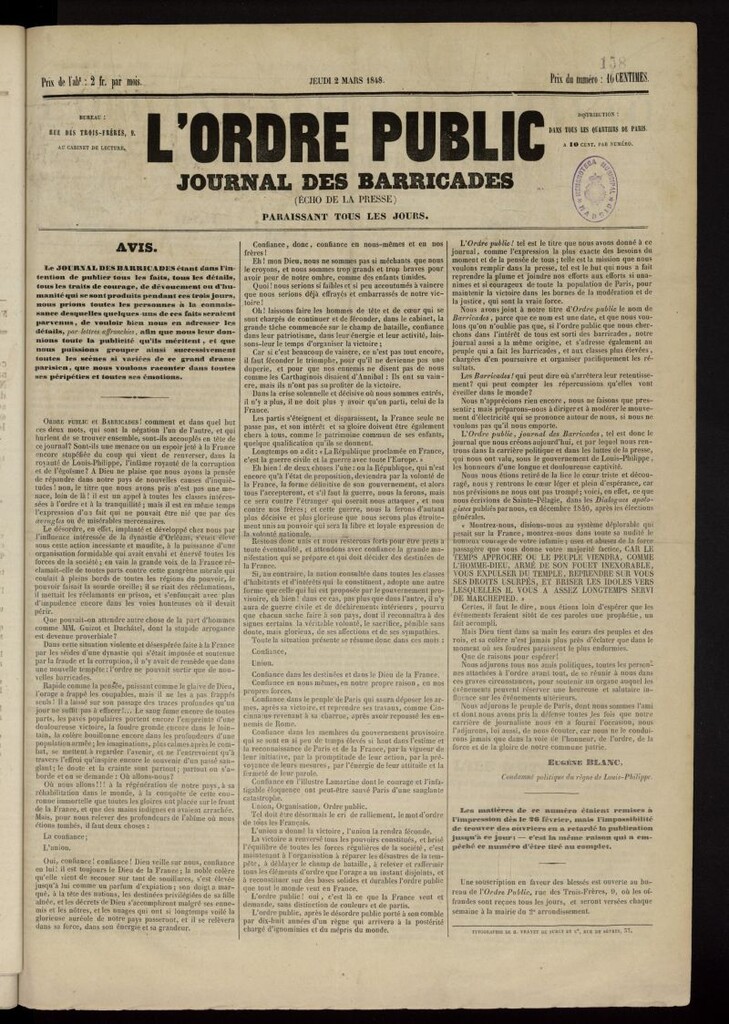 Miniatura de L´Ordre public: journal des barricades del 2 de marzo de 1848