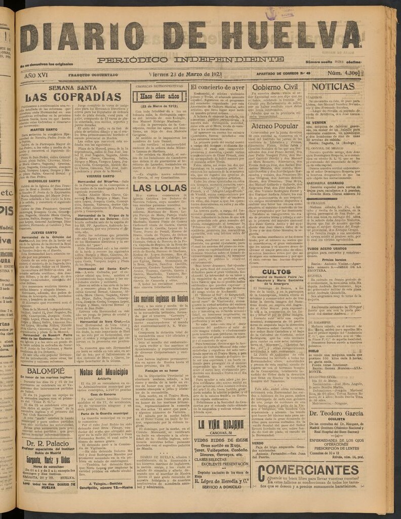 Miniatura de Diario de Huelva : periódico independiente del 23 de marzo de 1923