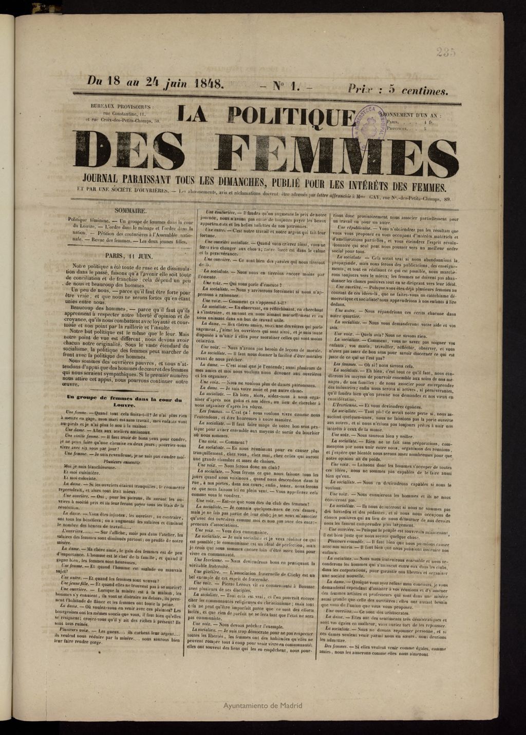 Miniatura de La Politique des femmes: journal paraissant tous les dimanches del 18 al 24 de junio de 1848, nº 1