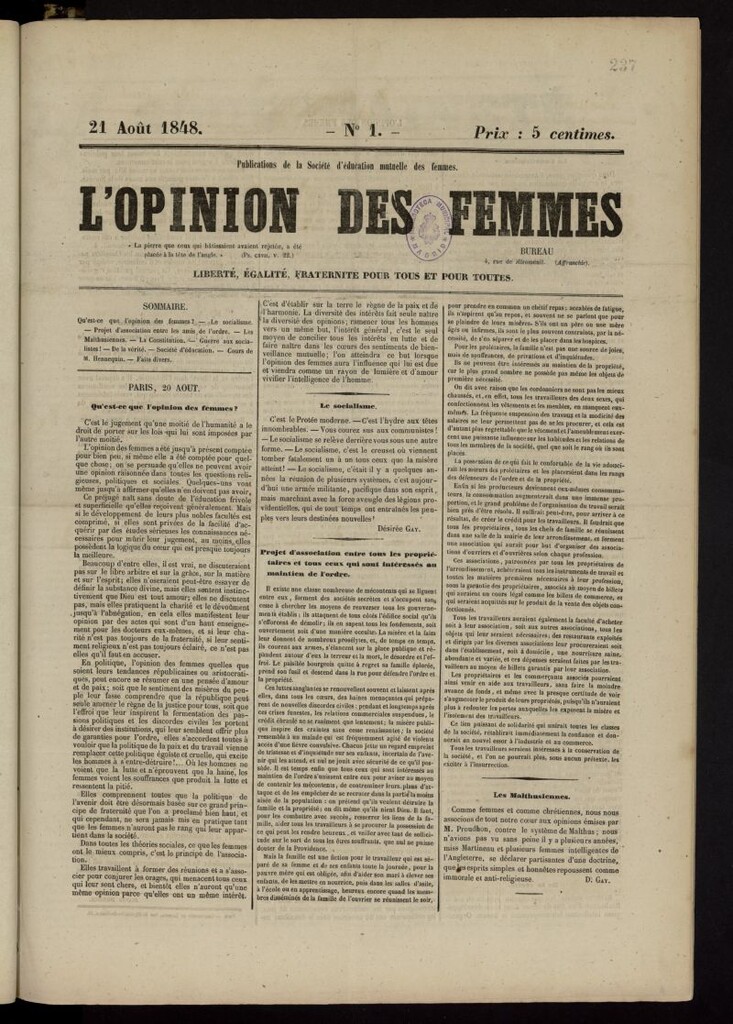 Miniatura de L´Opinion des femmes del 21 de agosto de 1848, nº 1