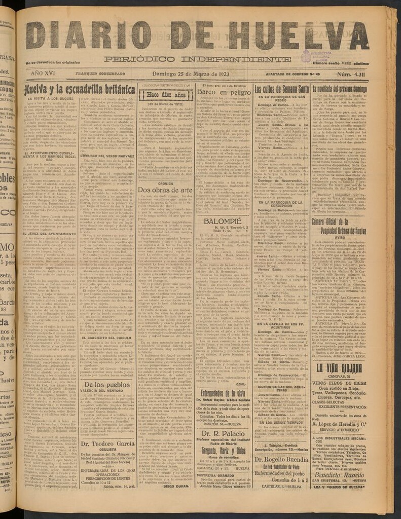 Miniatura de Diario de Huelva : periódico independiente del 25 de marzo de 1923
