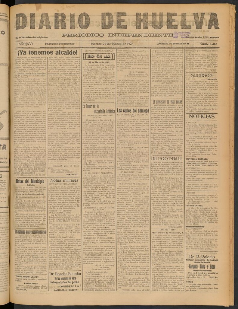 Miniatura de Diario de Huelva : periódico independiente del 27 de marzo de 1923