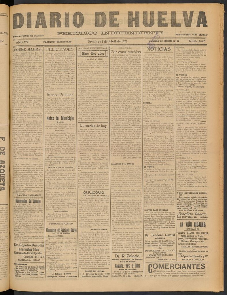 Miniatura de Diario de Huelva : periódico independiente del 1 de abril de 1923
