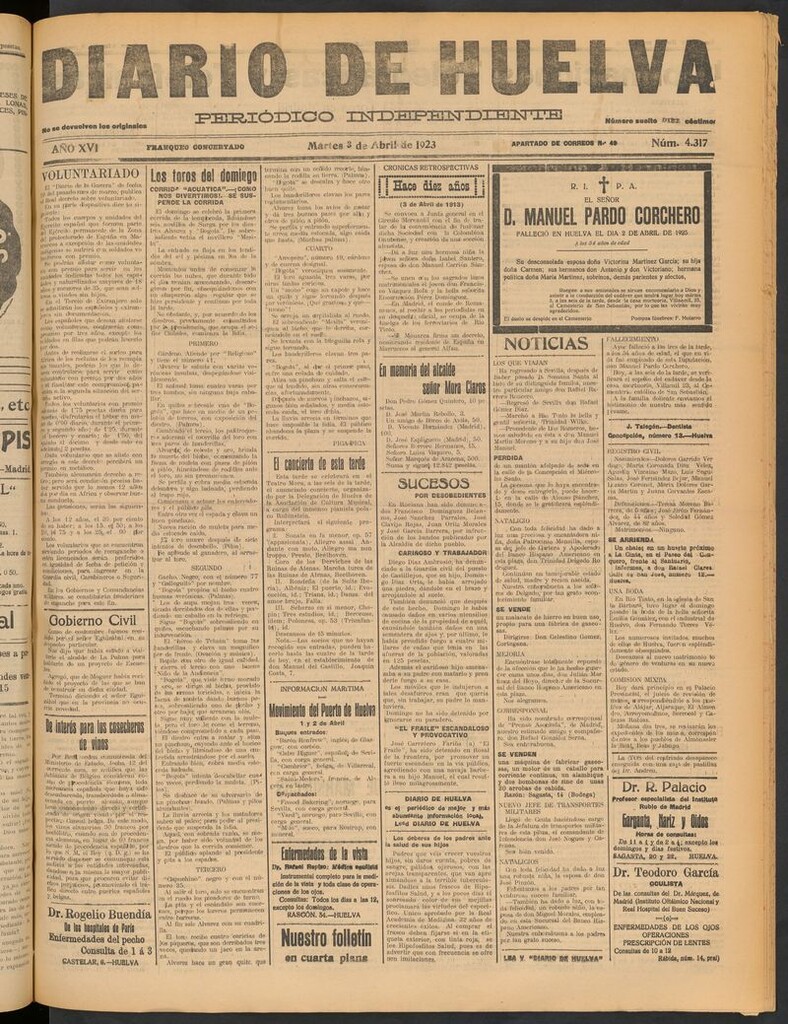 Miniatura de Diario de Huelva : periódico independiente del 3 de abril de 1923