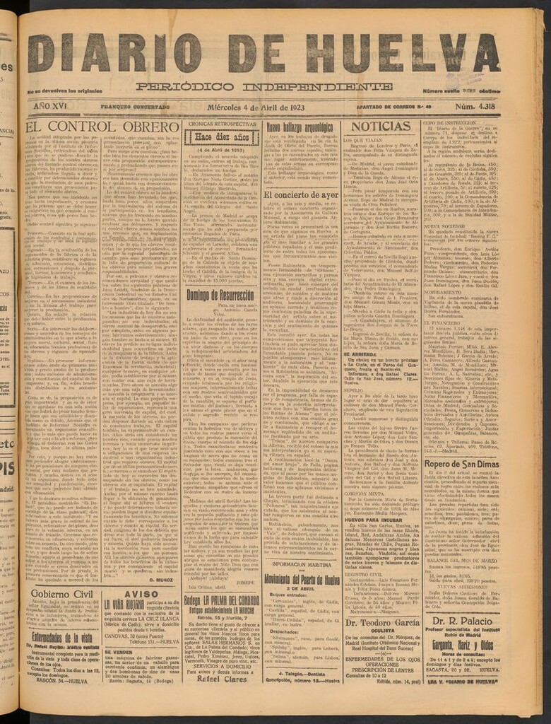 Miniatura de Diario de Huelva : periódico independiente del 4 de abril de 1923