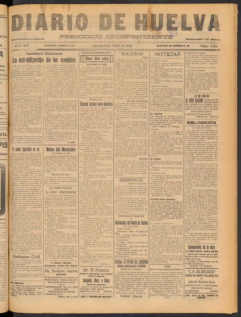 Miniatura de Diario de Huelva : periódico independiente del 5 de abril de 1923