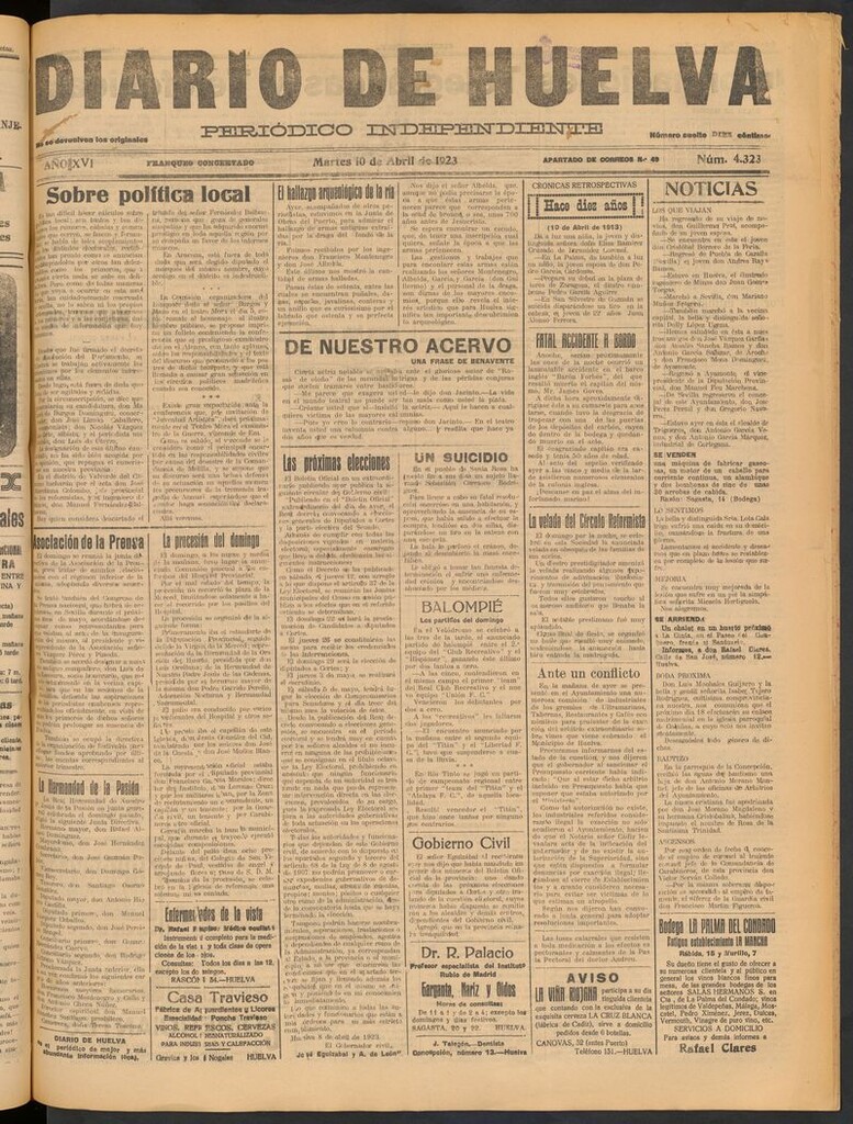 Miniatura de Diario de Huelva : periódico independiente del 10 de abril de 1923