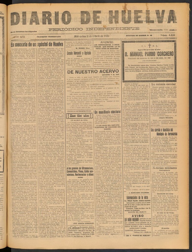 Miniatura de Diario de Huelva : periódico independiente del 11 de abril de 1923