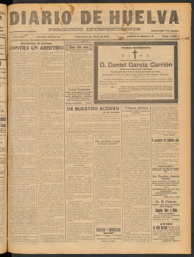 Miniatura de Diario de Huelva : periódico independiente del 13 de abril de 1923