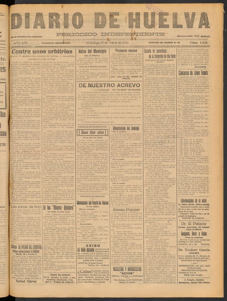 Miniatura de Diario de Huelva : periódico independiente del 15 de abril de 1923